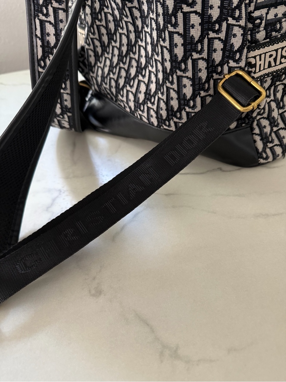 Black & White Oblique Mini Backpack with Gold Hardware - Picture 3 of 4